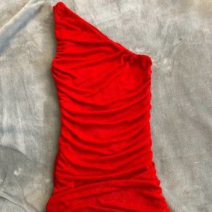 red ruched one shoulder mini dress